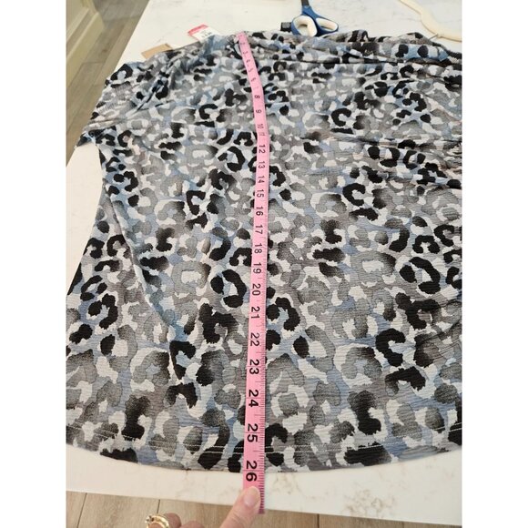 Clara Sun Woo Blue Gray Leopard Print Draped Neck, Side Ruched Knit Top Large - Picture 10 of 10